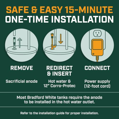 Image of Corro-Protec Powered Anode Rod for Bradford White & Hot Water Outlet | 24-Hour Hot Water Sulfur Smell Removal. Stops Corrosion & Reduces Sediment Buildup in Tank. 20-Year Warranty. WQA-Certified.