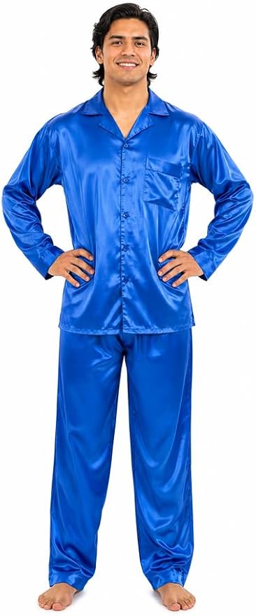 Up2date Fashion Men's Satin Pajama Set Full Sleeves Silky Loungewear 2 Piece Pjs Classic Button-Down Sleepwear M-XL