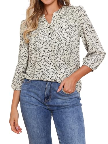 Image of Allegra K V Neck Floral Shirt for Women's 3/4 Sleeve Smocked Front Button Up Casual Summer Blouse Top White L