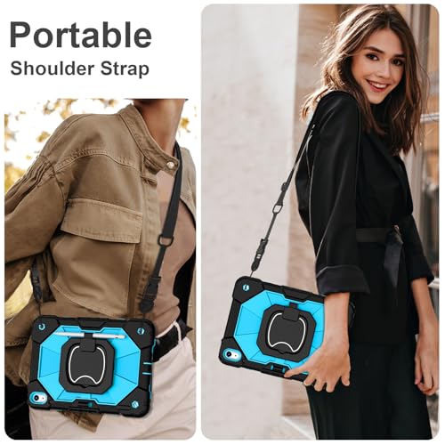 Image of Scnioy Case for iPad (A16) 11th Generation 11 Inch (2025) / iPad 10th Generation Case 10.9 Inch (2022) with 360 Rotating Stand Screen Protector Pen Holder Shoulder Strap, Black Blue