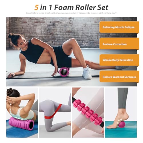 5 in 1 Foam Roller Set for Deep Tissue Muscle Massage, Trigger Point Fitness Patented Exercise Foam Roller, Massage Roller, Massage Ball, Stretching Strap, for Whole Body (Pink-Black) - Image 3