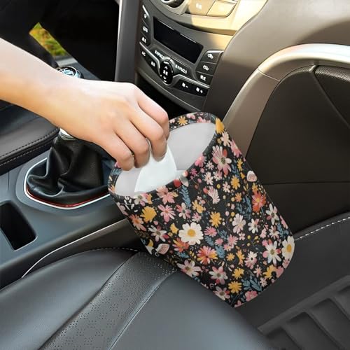 Image of Cow Floral Car Trash Can Bin Hanging Automotive Garbage Cans Leak-Proof Car Organizer