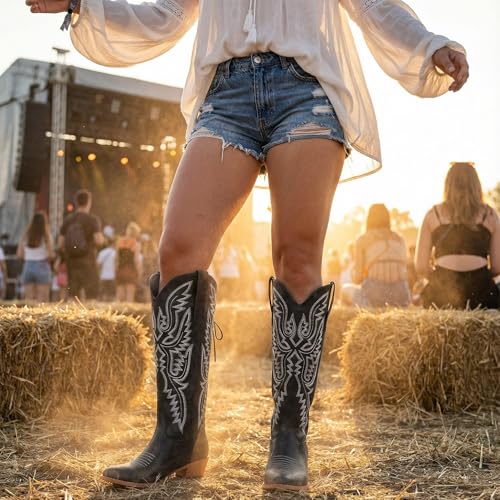 Image of Uillnoodu Wide Calf Cowboy Boots Women Adjustable Lace Up Knee High Tall Plus Size Cowgirl Boots Western Style Comfortable 2-Inch Heel