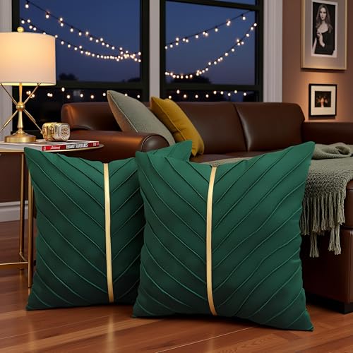 Image of Velvet Throw Pillow Covers 22x22 Pack of 2 Gold Decor Dark Green