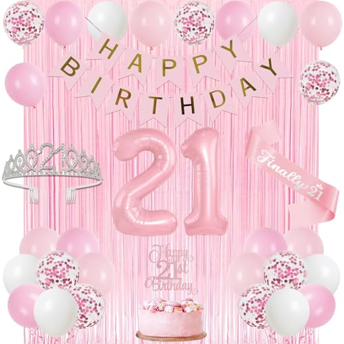 Trgowaul 21st Birthday Decorations for her, Pastel Light Pink and White Happy 21st Birthday Supplies for Girls, 21 Sash and Crown, Banner, Fringe Curtains, Cake Topper, 21 Year Old Party Supplies Set by Trgowaul - Used condition - US$17.30