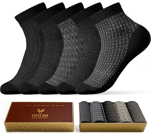 Image of Mens Ankle Socks, Premium Quality Bamboo Rayon Ankle Socks, Patterned, 5 Pairs, Gift Box, Size 8-13
