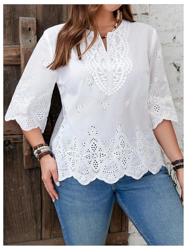 MakeMeChic Women's Plus Size Eyelet Blouse Embroidery 3/4 Sleeve Notch Neck Fall Casual Shirt3