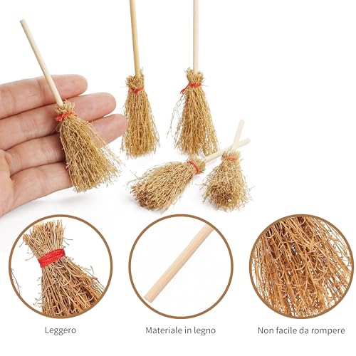 Esshogo Mini Künstliche Strohbesen, Miniatur Strohbesen, Miniatur Strohbesen, Miniatur mit weißen Seilen, Mini Besen Prop Mini Besen, Mini Hexen Griff