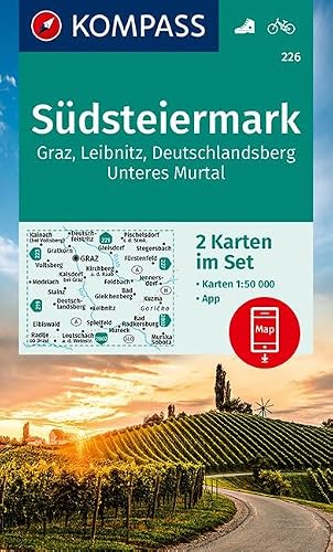 KOMPASS Wanderkarte Südsteiermark, Graz, Leibnitz, Deutschlandsberg, Unteres Murtal (2-K-Set): 2 Wanderkarten 1:50000 im Set inklusive Karte zur ... in der KOMPASS-App. Fahrradfahren.: 226