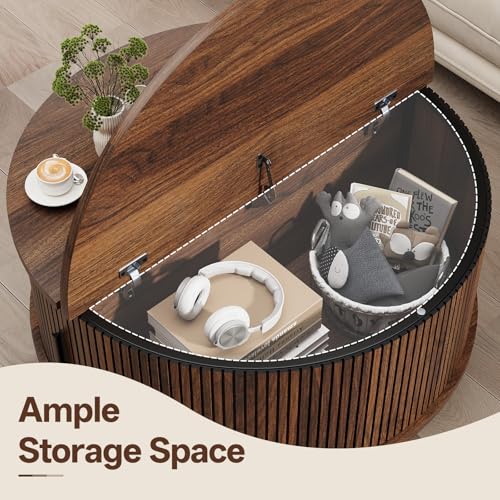 Image of Round Coffee Table with Storage, Mid Century Modern Coffee Table, Fluted Dining Table with Sliding Door, Circle Coffee Table for Living Room Home Office, 31.5 inch, Walnut
