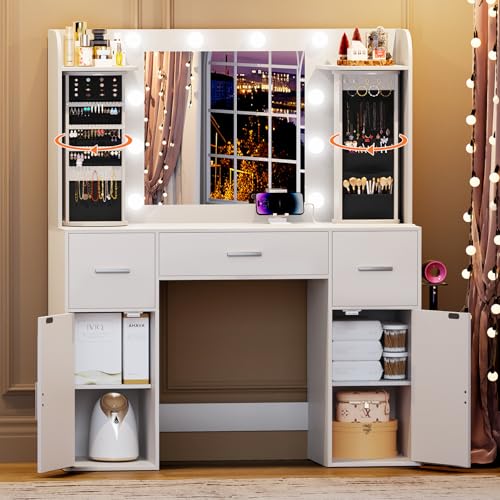 EasyCom Makeup Vanity Desk with Lights and Mirror Vanity with Storage Rotating Jewelry Organizers Dressing Table with USB-C Charging Station 3 Drawers & 2 Cabinets for Bedroom Dressing Room White
