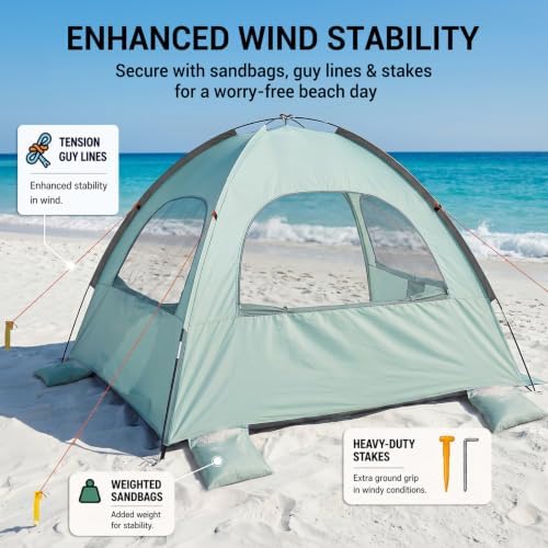 WhiteFang Beach Tent Anti-UV Portable Sun Shade Shelter for 3 Person, Extendable Floor with 3 Ventilating Mesh Windows Plus Carrying Bag, Stakes and Guy Lines (Mint Green) - 2