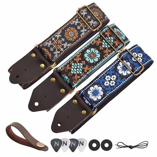 Image of Nefelibata Guitar Strap,Jacquard Embroidery Cotton Guitar Straps with Crazy Horse Leather Ends for Bass, Electric & Acoustic, Best Gifts for Kids, Guitarists(Blue flower embroidery)