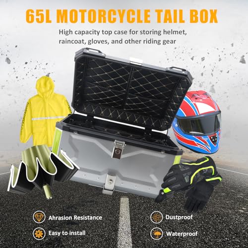 LASIEYO [2023 65L Capa superior para motocicleta, caixa traseira de alumínio com trava para capacete
