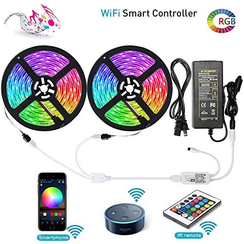Preisvergleich Produktbild LED-Lichtbänder, LUNSY WiFi Wireless-Smartphone (Android / iOS) Kontrolliertes Lichtstreifen-Kit 5050 10M 300 LEDs, Seillichter, Farbbandlichter, gesteuert von Alexa, IP65 Wasserdicht (2er-Pack)