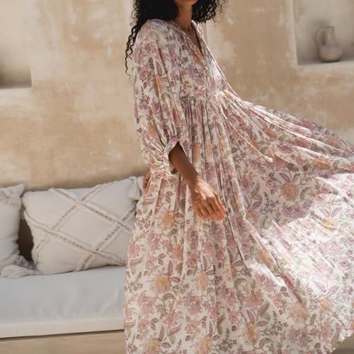 Women Floral Maxi Dress Boho Printed 3/4 Lantern Sleeve V Neck Maternity Dress Beach Loose Sundress Pregnant4