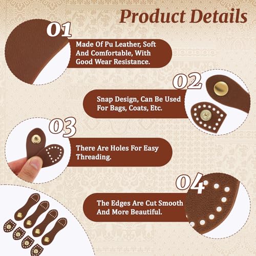 Tweruna 4 PCS PU Leather Snaps, Brown Snaps for Leather Wallet Buckle, Sew On PU Buttons Fastener Purse Closures for Bag Making DIY Craft - Thumbnail 3