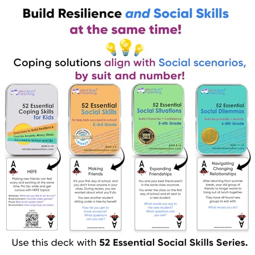 Mind Brain Emotion 52 Essential Coping Skills for Kids: Mindfulness CBT Cards for Stress, Anxiety, Anger, Executive Functioning, Coping Strategies for Anxious Generation, Family, School Therapy Game