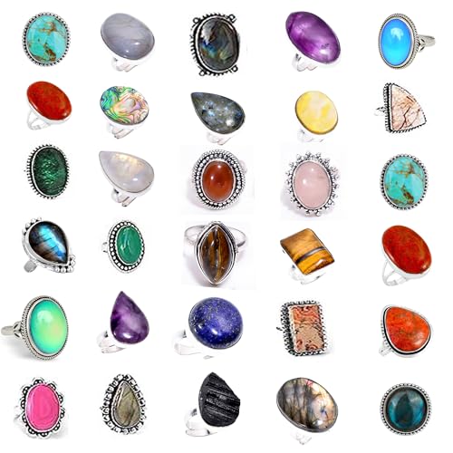 SUNYARAN Handmade 10 Pcs Adjustable Gemstone Ring Set for Women, Silver Plated Fashion Boho Knuckle Rings, Vintage Gothic Statement Jewelry Gift Pack