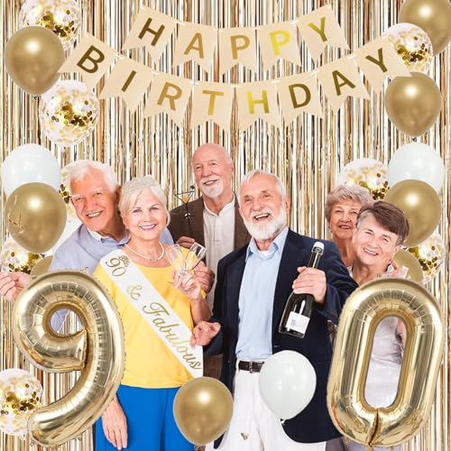 Image of Trgowaul 90th Birthday Decorations for Women, Banner, Sash and Crown, Cake Topper, 90 Number Balloon, Fringe Curtains, Champagne Gold 90th Birthday Party Supplies