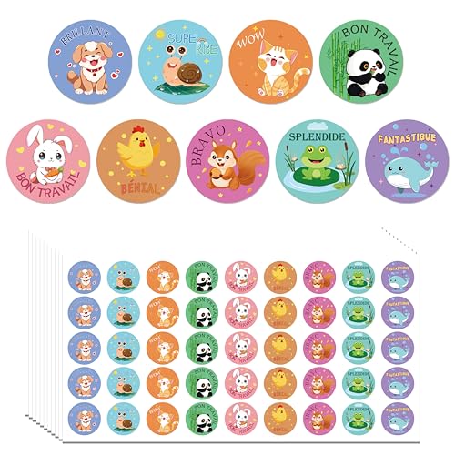 1 inch French Inspirational Stickers 450 Pcs French Language Learning Stickers with Cartoon Animal Designs Classroom Reward Labels for School Classroom Home Teacher Supplies