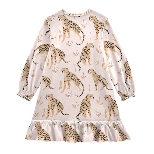 Girls Dress Cheetah and Plants Long Sleeve Ruffled Hem Velvet Dress2