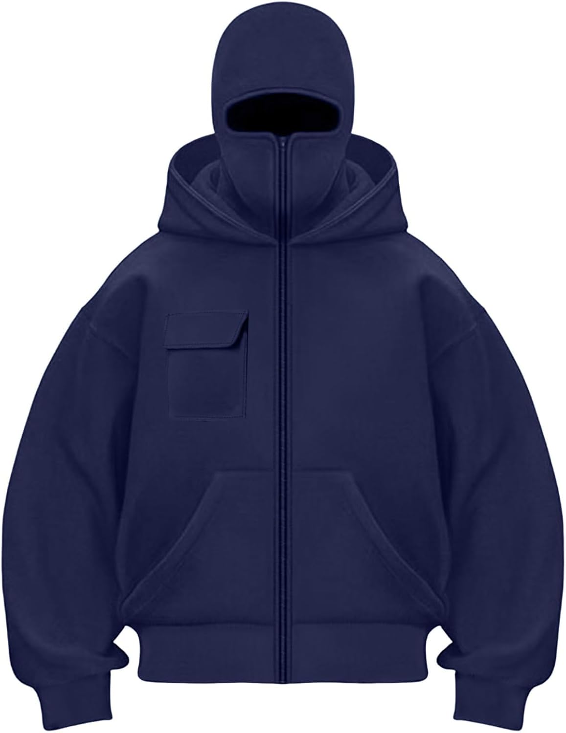 Men's Balaclava Hoodie Winter Double Layer Hooded Sweatshirt with Zipper, Fleece-Lined Hip-Hop Hoodie