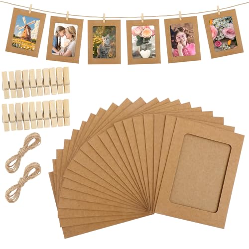 LIQWEI 20 Stück Papier Fotorahmen, Kraftpapier Bilderrahmen 11.5x15.5 cm Fotoleine Mit 20 Stk Holzklammern 2 Stück Bilderrahmen Aus Pappe Set Für Zuhause Schule Büro DIY Geburtstag Wand Dekoration