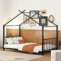 Twin Size Kids Montessori Floor Bed,House Bed Frame with High Headboard,Twin Floor Bed with Roof for Boys Girls,Floor Bed Metal Frame (Black)