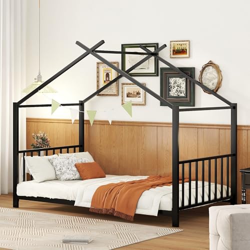 Twin Size Kids Montessori Floor Bed,House Bed Frame with High Headboard,Twin Floor Bed with Roof for Boys Girls,Floor Bed Metal Frame (Black)