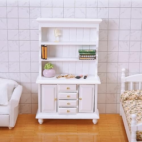 Wooden Dollhouse Furniture, 1/12 Scale Miniature Doll House Bookshelf, Openable Tall Cabinet Bookcase, Cute Dollhouse Accessories White #TOP5