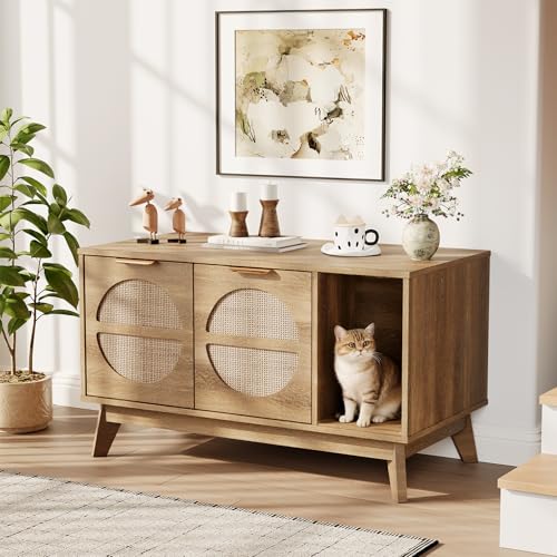 Cat Litter Box Enclosure with Scratch Pad,Modern Enclosed Rattan Cabinet, Stylish Hidden Litter Box Furniture, Indoor Cat House, TV Stand, Side End Table for Living Room, Bedroom,Natural