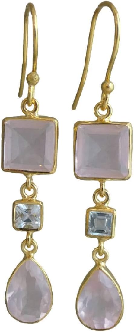 Rose Quartz and Blue Topaz Gold Plated Sterling Silver Drop Earrings - Handmade Gemstone Jewelry Gift Ideas for Women - Bridal Wedding Birthday Valentine's Mother's Day Gift Hypoallergenic - Image 9