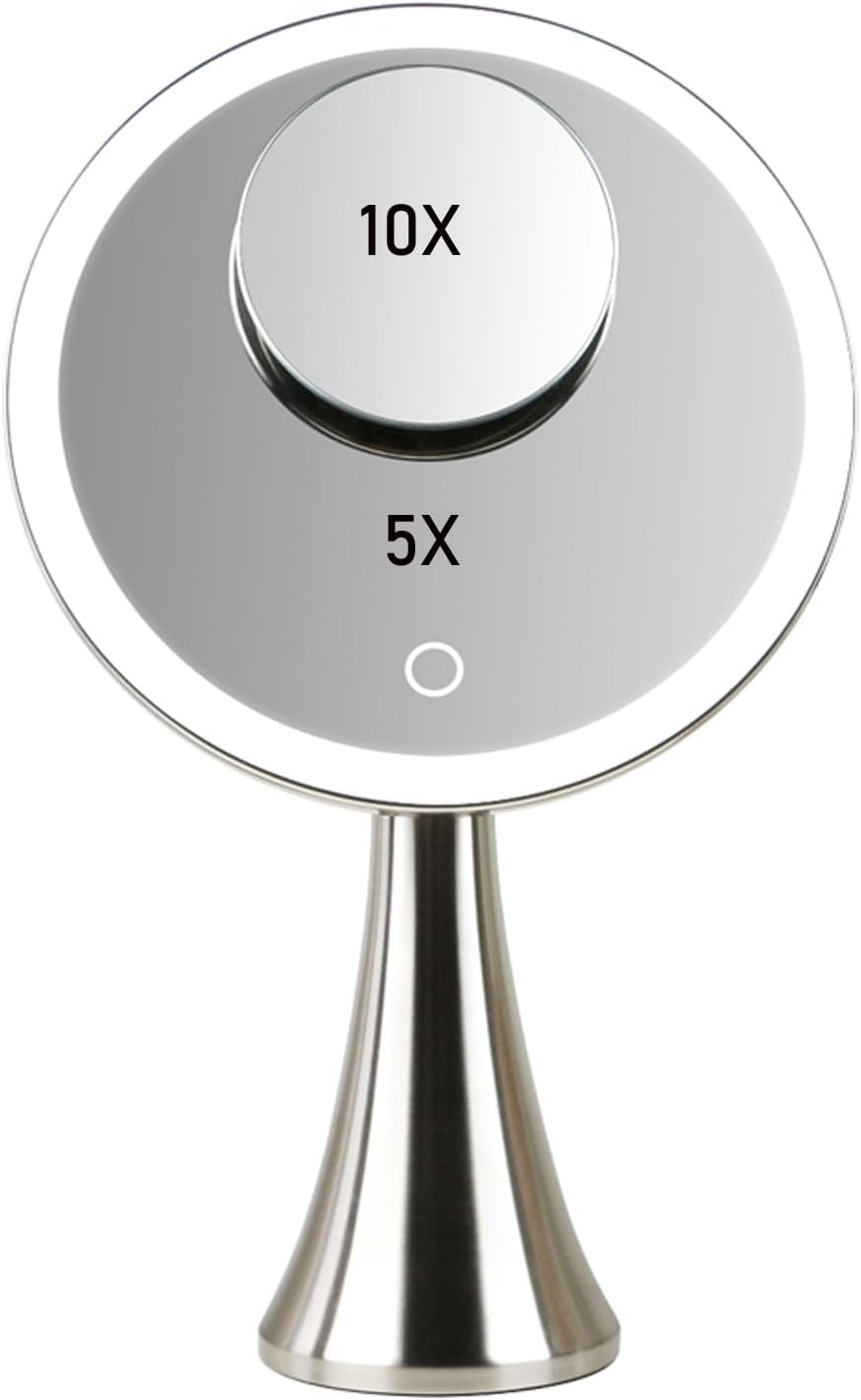 9inch Lighted Round Makeup Vanity Mirror, 5X/10X Dual Magnification with Ultra Bright LED Lights Beauty Mirror, Rechargeable, Cordless, Touch Control Adjustable Brightness, Brushed Stainless Steel