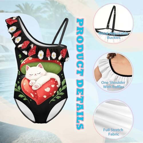 Image of Ladybug Swimsuits for Girls 5-14 One Piece Bathing Suit Kids One Ruffle Shoulder Beach Sport Swimwear