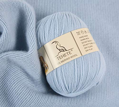 Tehete 100% Merino Wool Yarn For Knitting 3-Ply Luxury Warm Soft Lightweight Crochet Yarn (Sky Blue) #TOP2
