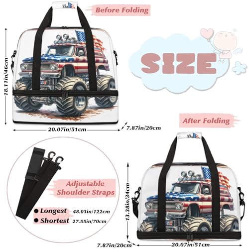 Truck American Flag Travel Duffel Bags for Women & Men Large Sports Gym Bags Foldie Weekender Overnight Bag Carry On Tote Bag With Shoe Compartment Personal Item Luggage for Travel Sports Gym2