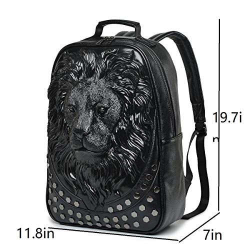Kiisy 3D Lion Laptop Backpack Unique Designer Pu Leather Fashion Travel Rivet Punk Backpack (Black) #TOP1