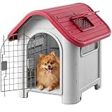 PawHut Niche pour Chien extérieur et intérieur, Double Porte en métal et Multi Ventilation   Maison pour Chien en polypropylène imperméable   abri Jardin pour Petite Taille, Rouge et Gris Clair