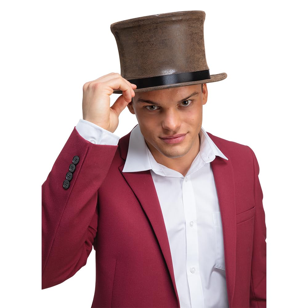 Wicked Costumes Brown Suede Top Hat with Collapse and Pop Up feature - Fancy Dress Accessory