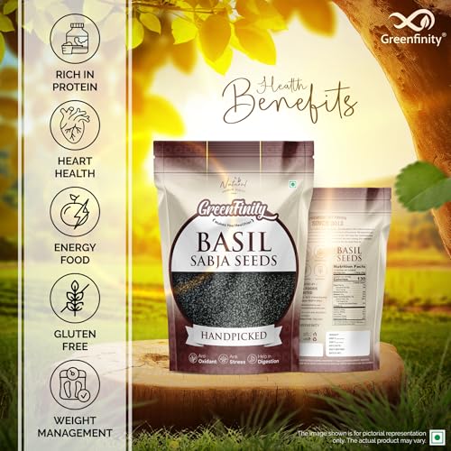 Image of GreenFinity Healthy Basil Seeds | Rich in Omega-3, Dietary Fibre, and Antioxidant | Raw Sabja Seeds for Weight Management, Immunity Booster, Digestion, Salads, Snacks, Smoothies (1Kg)