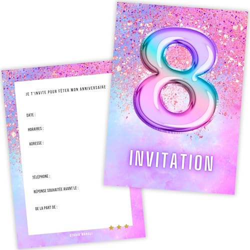 Carte Invitation Anniversaire Fille 8 Ans – Lot de 12 Cartes premium – Thème ballon helium boum Arc en Ciel Pastel Rose Violet Licorne – Papier Épais...