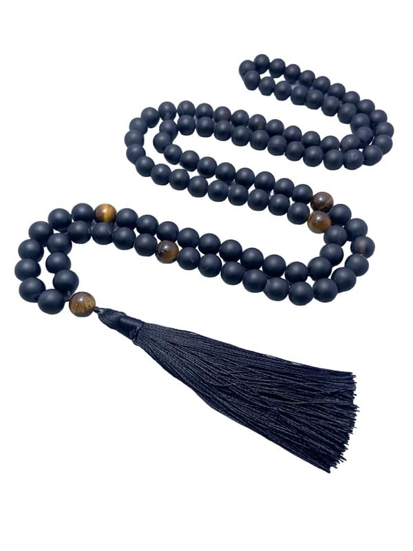 Collier Mala 108 perles oeil de tigre et onyx 8mm pour la prière bouddhiste et le Japa
