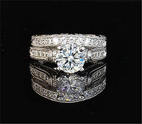 Venetia Top Grade Realistic Hearts and Arrows Cut 2 Carats Simulated Diamond Victorian Pave Ring Set 925 Silver Platinum Plated Cubic Zirconia cz shou63