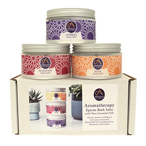 Absolute Aromas Set de paquete de sales de baño relajantes de Epsom - 3 x 300 g de lavanda, desintoxicación y relajación - Sulfato de magnesio infundido con aceites esenciales 100% puros
