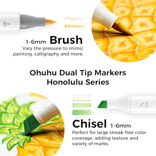 Image of Ohuhu Alcohol Markers Brush Tip - Double Tipped Art Marker Set for Artist Illustration - 216 Colors - Chisel & Brush Dual Tips - Honolulu - Refillable, Multi-Coloured