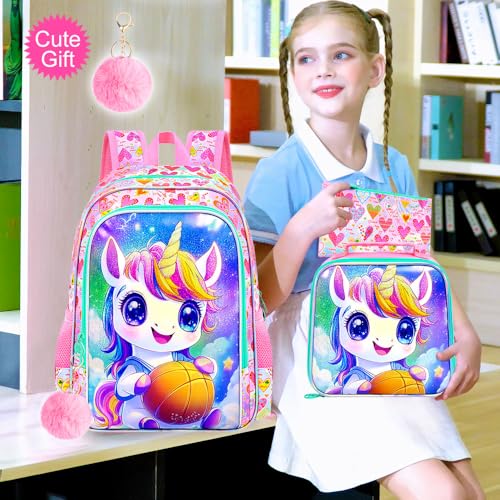 Image of 3Pcs Unicorn Backpack, 16 inch Girls School Bookbag Set with Lunch Box,Kids Backpacks for Elementary Preschool Kindergarten (Pink)
