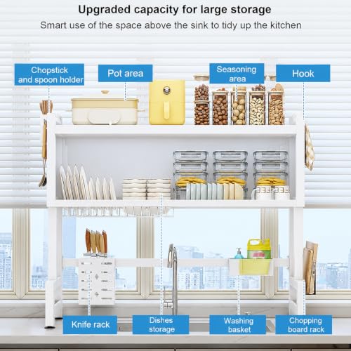 Image of YAGVIZ Over the Sink Dish Drying Rack for Kitchen More Sturdy Stable with Lid, Rust-Proof Durable, Features Knife Rack, Cutting Board Holder, Storage Basket Ideal for Dish Drainer Large Size
