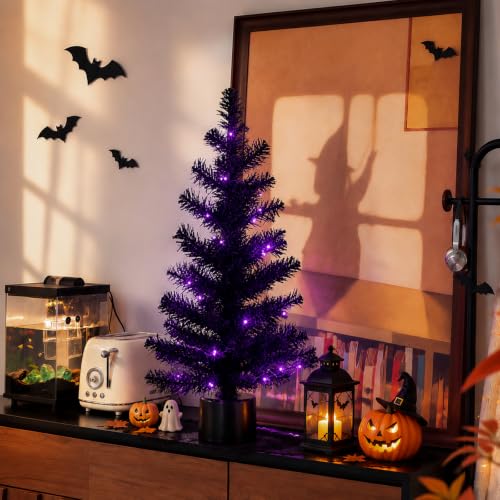 Halloween Decor, 2FT Black Rotating Halloween Tabletop Tree, Pre-Lit with 35 Purple LED Lights,Battery Powered Tree for Halloween, Fall, Christmas & All Season Indoor Holiday Decor - image 6