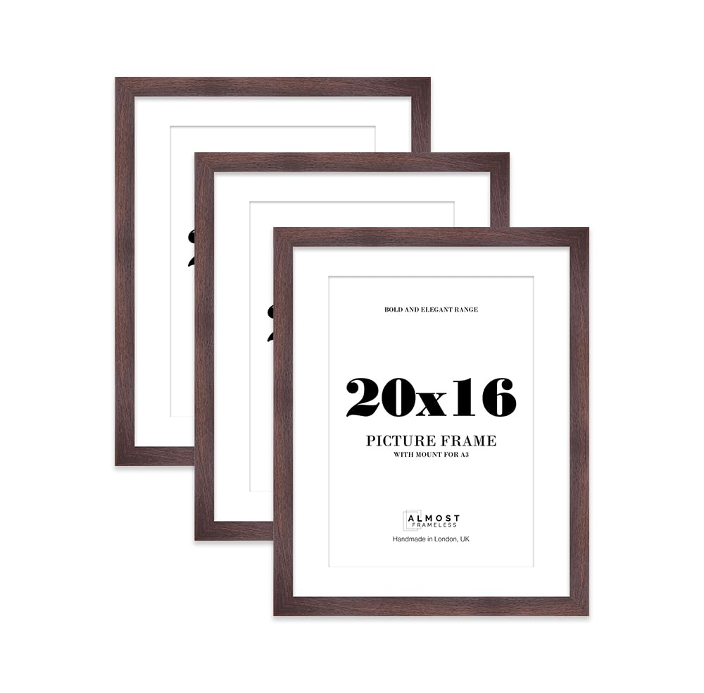 20x16" Walnut Frame With Mount for A3 Pictures 28mm Edge Portrait and Landscape Display with Wall Hooks, 3 Pack